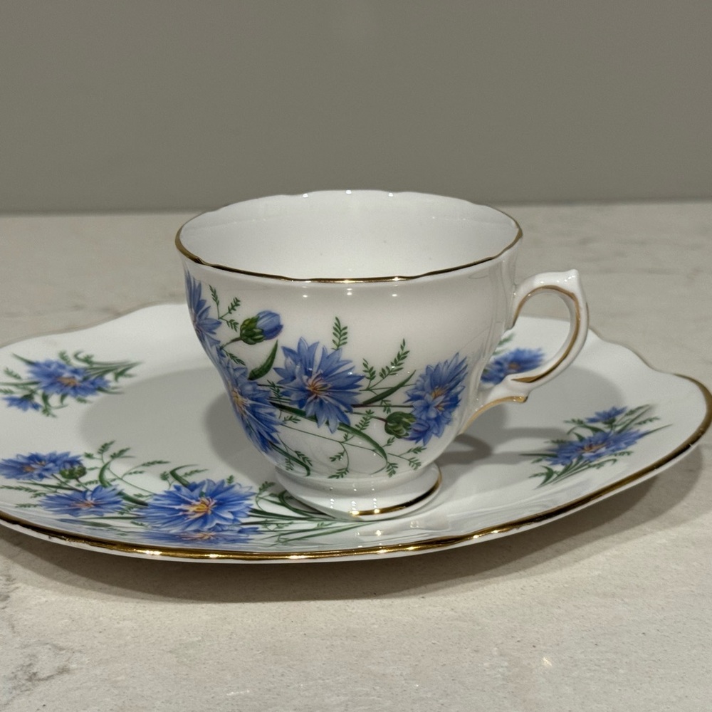 Vintage Bone China Blue Cornflower Tea Cup and Luncheon Plate